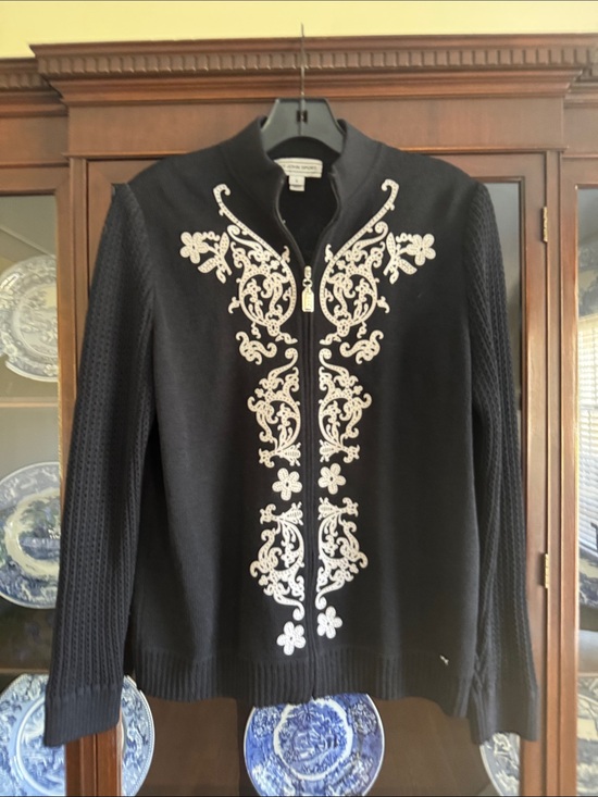 St. John Sweaters - St. John Black Zip-Front Cardigan with Cream Embroidery